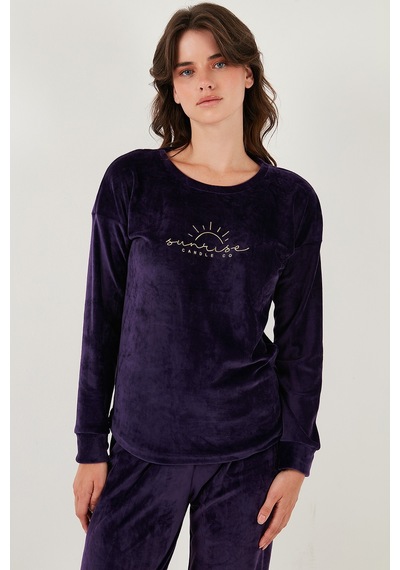 Lela Standart Fit Bisiklet Yaka Yumuşak Kadife Bayan Pijama Takımı 6094201 Koyu Mor