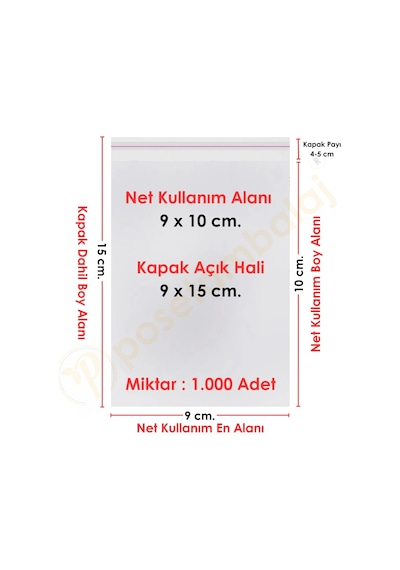 9x10+5 Cm. 9x15 1.000 Adet Şeffaf Bantlı Yapışkanlı Opp Poşet