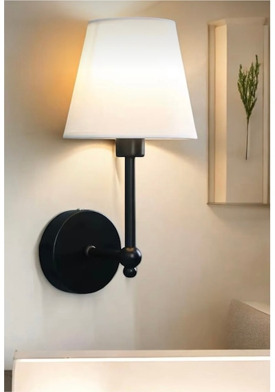 Modern Kablosuz Duvar Aplik Lampe Pilli Aplik Mat Siyah Pil İle Çalışır Krem Abajur Siyah