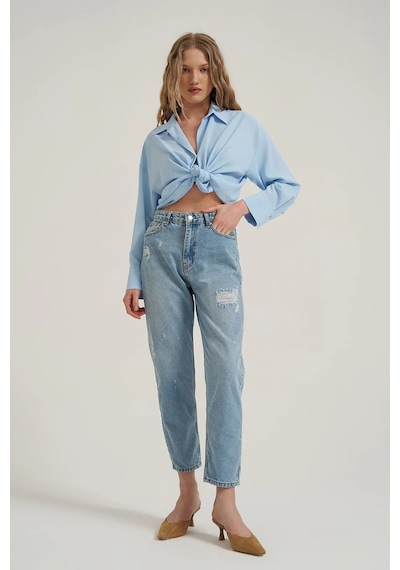 Yırtık Detaylı Denim Pantolon Buz Mavi Mavi