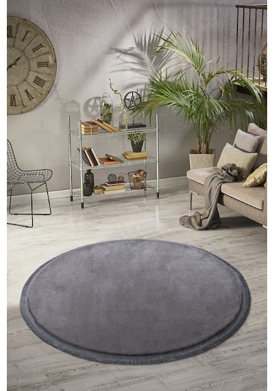 Vl Yuvarlak Comfort Düz Saçaklı Peluş Antrasit Yolluk Halı Antrasit Düz Saçaklı Daire