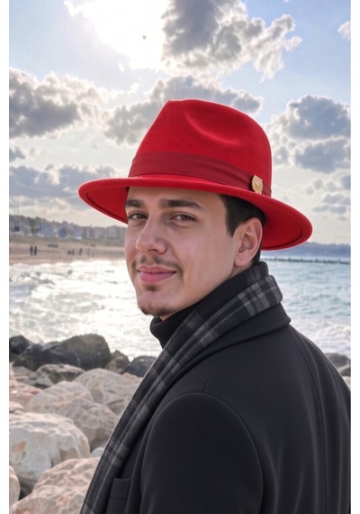 Mollycrush Erkek Mevsimlik Vintage Kırmızı Fötr Şapka Kemerli Şık Keçe Fedora Tasarımı Kırmızı