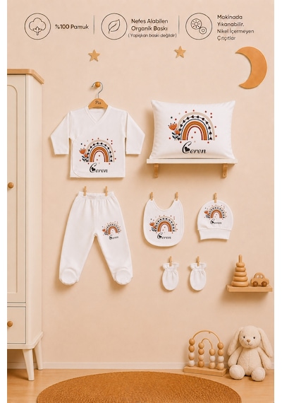 Pia Baby Kişiye Özel Kız Bebek Hastane Çıkışı %100 Pamuk Organik Baskılı Zıbın Seti 1039zyb0x Ekru
