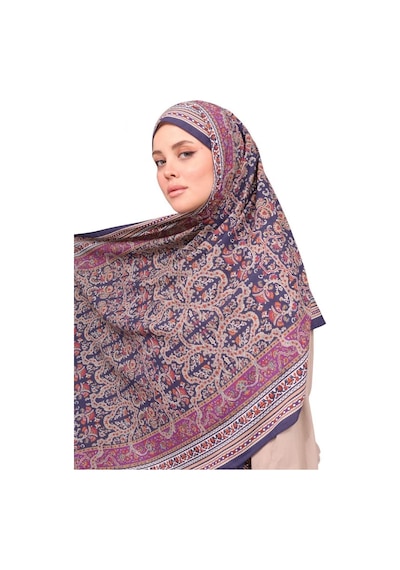 Premium Lux Original Etnik Desen Şal Vual İpek, 1. Sınıf, Hafif, Rahat, Şık, Tesettür Giyim Lacivert - Mor