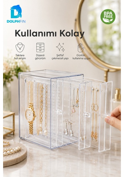 Çekmeceli Mücevher Kutusu Şeffaf Takı Kolye Küpe Aksesuar Makyaj Organizer