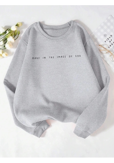 Startmore Tarzsokak Trend Kadın Tişörtü Gad Baskı Kazak Görüntüsünde Yapılan Rahat Crewneck Polar Yumuşak Hoodie Gri