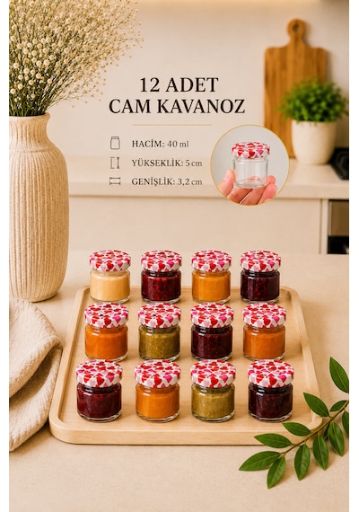 12 Adet 40 Ml Kalpli Metal Kapaklı Şeffaf Numune Mama Ek Gıda Şekerleme Reçellik Küçük Cam Kavanoz