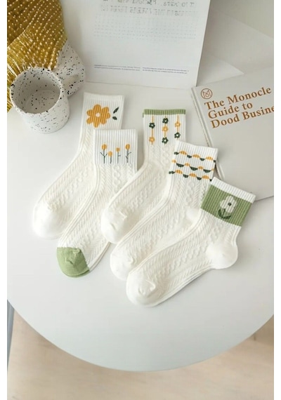Hitit Socks Kadın 5 Çift Premium Kalite Yeçil Çiçek Desenli Soket Çorap Beyaz - Yeşil