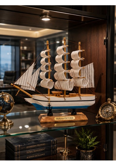 Kişiye İsme Özel El Yapımı Ahşap Yelkenli Gemi Maketi 24 X 24 Cm Premium Masa Üstü Hediyelik 529a