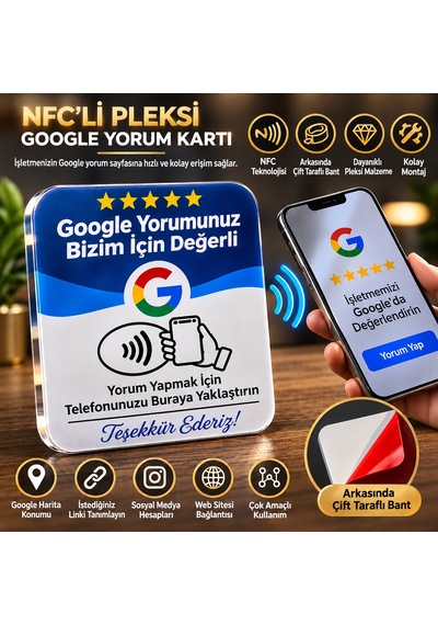 Nfc Google Yorum Ve Sosyal Medya Link Kartı Çift Taraflı Bantlı Pleksi Temassız Yorum Kartı