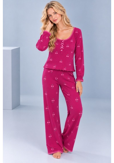 Pijamask Kadın Desenli Dantel Detaylı Fiyonk Ve Düğmeli Uzun Kollu Pijama Takımı Pembe-25