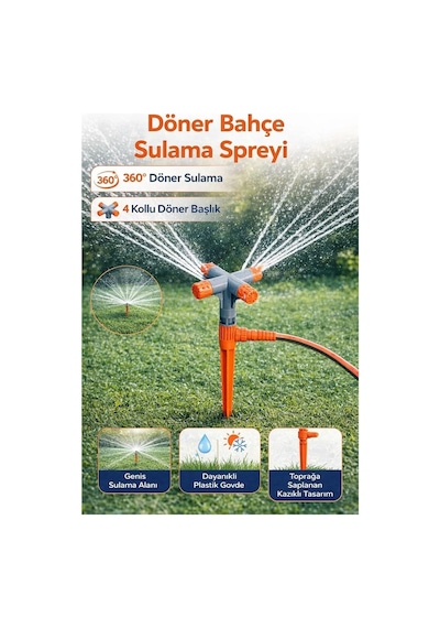 360 Döner Bahçe Sulama Fıskiyesi, 4 Kollu Otomatik Sprinkler, Kazıklı Tasarım, Geniş Alan Kapl