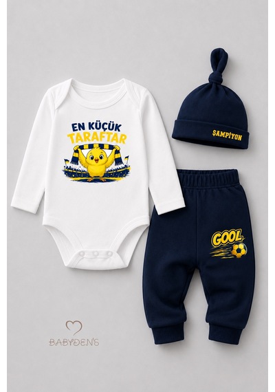 Babyden's %100 Pamuk Sarı Lacivert En Küçük Taraftar 3'lü Yenidoğan Bebek Takımı Uzun Kollu Body Pantolon Şapka Set