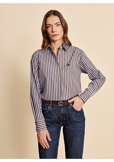 Brooks Brothers Kahve - Mavi Kadın Regular Fit Çizgili Gömlek Bbfw26fsh008