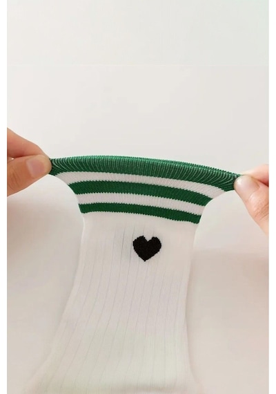 Hitit Socks Kadın 5 Çift Premium Kalite Çizgili Kalp İşlemeli Tenis Soket ASORTİ