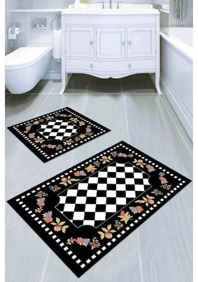 Siyah Çerçeveli Banyo Halısı Klozet Takımı Paspas Seti Bs030n11