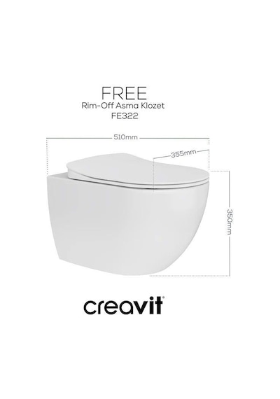 Creavit Free Rim-off Kanalsız Asma Klozet 1.kalite Fe322.02 + Duck Tp Yavaş Kapanan Kapak 2'li Set Beyaz
