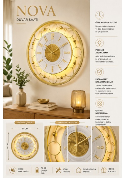 Gold- Nova Galaxy Full Metal - Pilli Led - Metal Ledli Duvar Saati