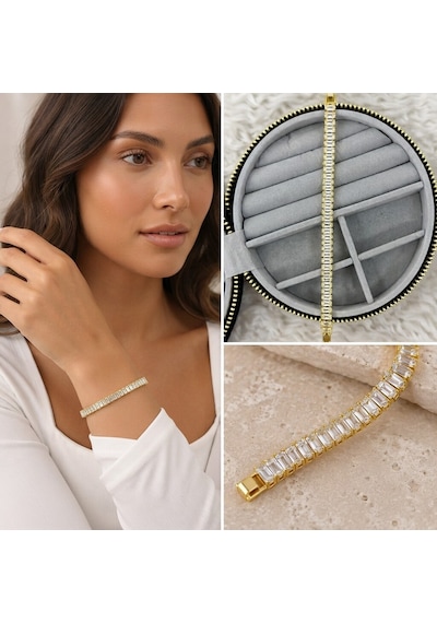 Premium Parlak Ve Şık Baget Taşlı Gold Renk 316l Çelik Kadın Bileklik 20cm Altın