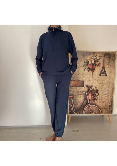 Bluety Kadın Model Kumaş Uzun Kollu Takım İndigo