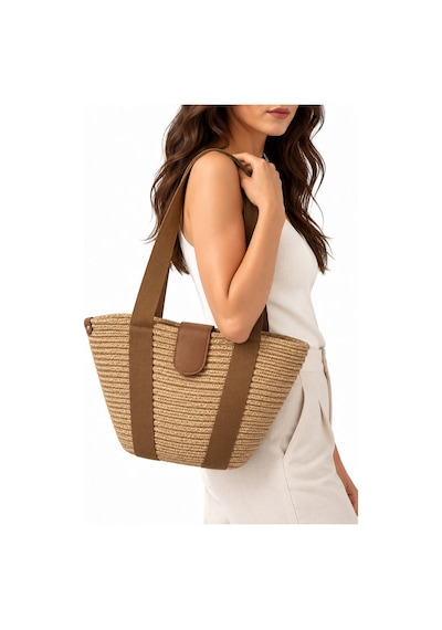 Levano Leather Kadın Hasır Tote Omuz Çantası Deri Detaylı Geniş İç Hacimli Günlük Yazlık Çanta 38x28 Cm Bej