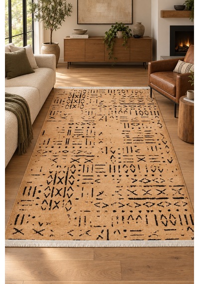 Keoni Özel Ölçü Bej Siyah Kaymaz Taban Halı, Robot Süpürge Uyumlu, Kolay Temizlenebilir Polyester Oturma Odası Koridor Halısı Bej/siyah