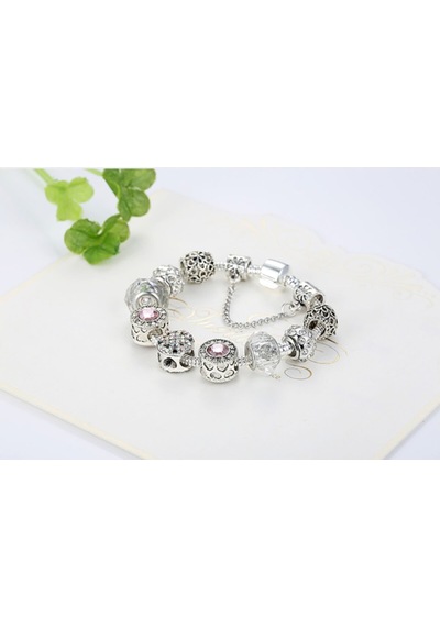 Kadın Pembe Gümüş Ahşap Kutuda Yeni Tarz Pink Crystal Charmlı Bileklik Pembe Pembe