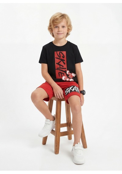 Panios Kids Yuvarlak Yaka Skate Baskı Detaylı Yazlık Erkek Çocuk Alt Üst Takım Kırmızı