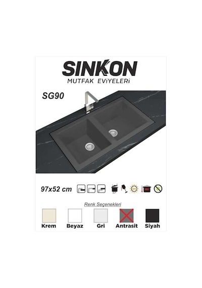 Sinkon Antrasit Granit Eviye 97 x 52 / Çift Gözlü - Sg90 - Sinkon