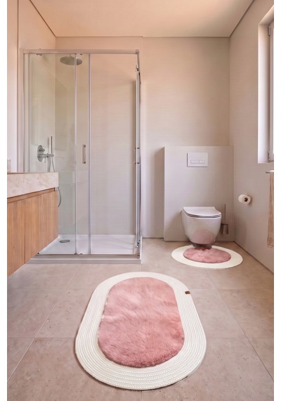Banyo Paspası Takımı 60x100+60x60 Cm Düz Pembe & Krem