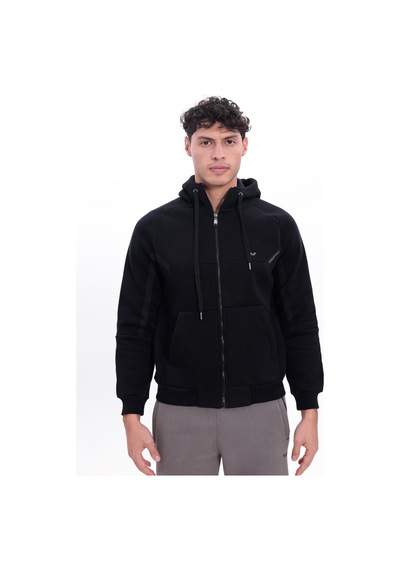 Rowinger 3 İplik Kalın Dokulu Parçalı Görünümlü Kapüşonlu Tam Fermuarlı Erkek Sweatshirt Navyblue