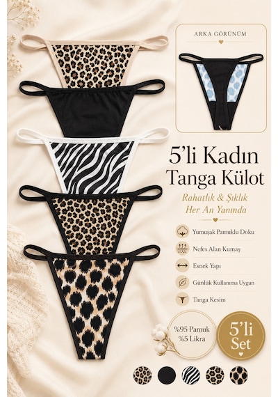 Nicoletta Kadın Külot Tanga 5 Li Paket Likralı Pamuklu Leopar Kahverengi