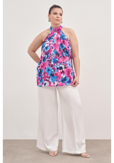 Myline Halter Yakalı Desenli Bluz-1802 Pembe