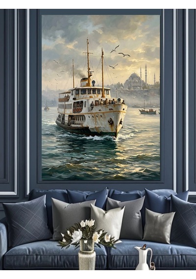 Boğazda İstanbul Vapuru Manzarası Tablosu Dekoratif Kanvas - Mdf Ahşap Tablo Çok Renkli