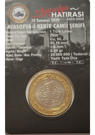 Ayasofya-i Kebir Camii Şerifi Yeniden Ibadete Açılışı, 1 Lira 2020 Hatıra Para Ve Kiti