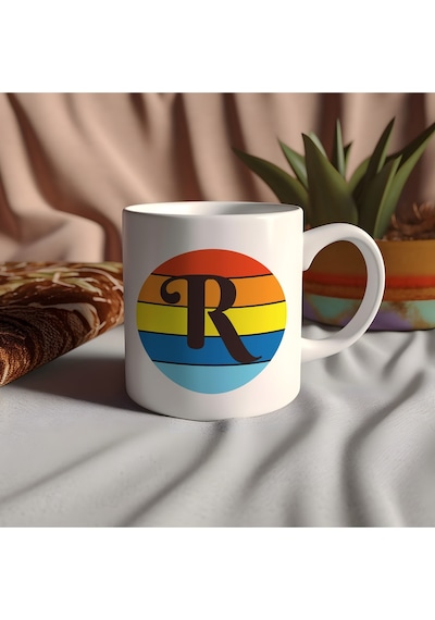 R Harfi Retro Renkli Kupa Bardak - Vintage Tarz Yuvarlak Harfli Kahve Kupası - Kişiye Özel Hediye Beyaz