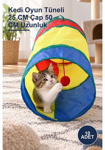 10 Adet Kedi Oyun Tüneli 25 Cm Çap 50 Cm Uzunluk