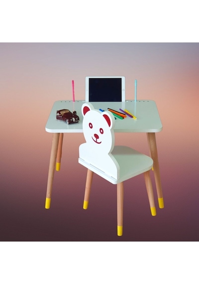 Liva Ahşap Çocuk Aktivite Masa Sandalye Takımı Tekli Ayıcıklı -tablet Ve Kalemlik Yeri, Yaz Sil Özellikli Yüzey Beyaz