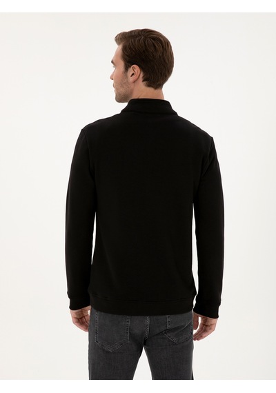 Siyah Regular Fit %100 Pamuk Yarım Fermuarlı Sweatshirt