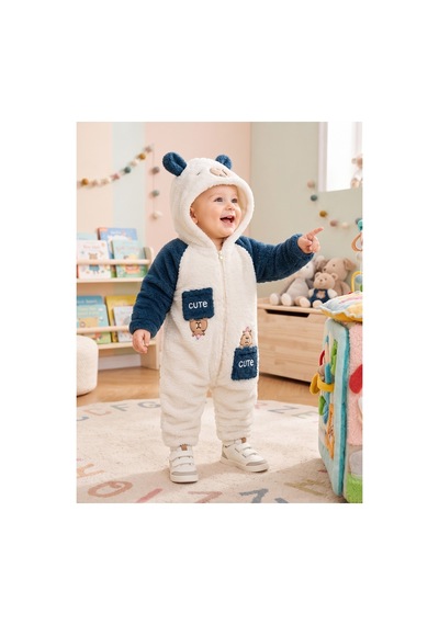 Chicsy Baby Tatlı Ayıcık Nakışlı Bebek Welsoft Tulum Kapüşonlu Kulaklı Fermuarlı Cepli Kışlık Peluş Tulum Lacivert
