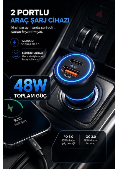 48w Hızlı Araç İçi Şarj Cihazı - Çift Portlu Type-c Şarj Kablolu Hızlı Şarj Cihazı