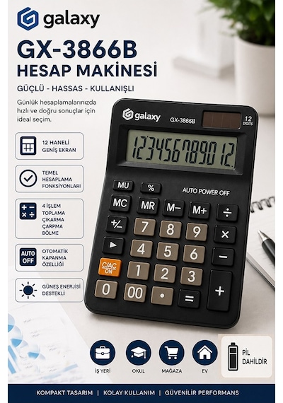 Hesap Makinesi Siyah 10.5x14.5 Cm 1 Adet Galaxy Gx-3866b 12 Haneli Orta Boy Ofis Büro Masaüstü Hesap Makinası