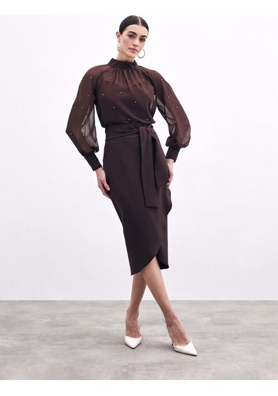 Sateen Kuşaklı Kalem Etek - Kahve-133816 Kahve
