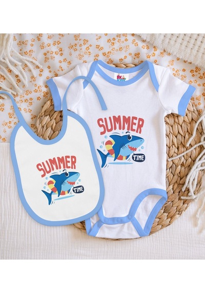 Bk Kids Summer Time Tasarımlı Mavi Bebek Body Zıbın Ve Mama Önlüğ Çok Renkli