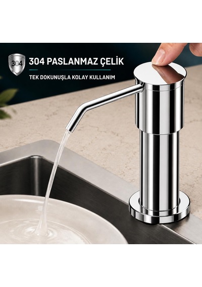 Valkyrie Ankastre Sıvı Sabunluk Bulaşık Deterjanı Pompası 304 Paslanmaz Çelik 1 Metre Hortumlu Gümüş