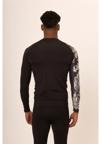 Hnc Sport Dragon Erkek Uzun Kol Tek Kol Dijital Baskılı Compression Fitness Gym Spor Body Tshirt Siyah