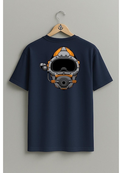 Oversize Dalgıç Başlığı - Diving Helmet Cep Ve Sırt Tasarımlı Unisex T-shirt Lacivert