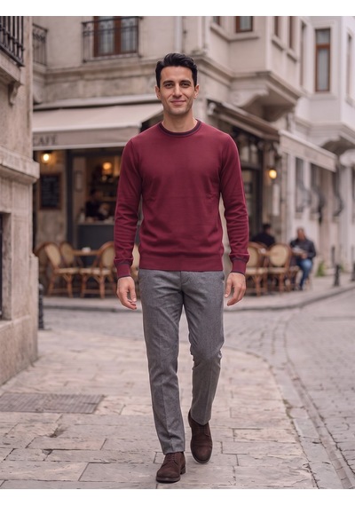 Maccali Erkek Bordo Kontrast Şeritli Bisiklet Yaka Triko Sweatshirt