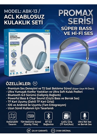 Acl Abk-13 Promax Kablosuz Bluetooth 6.0 Kulak Üstü Kulaklık - Bayi Depom