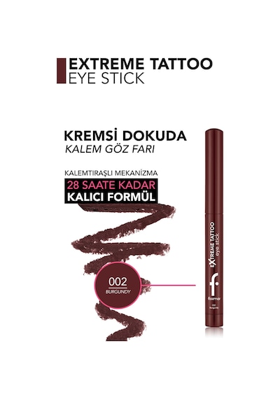 Flormar Extreme Tattoo Mat & Işıltılı Asansörlü Kalemtıraşlı Jel Göz Kalemi & Far Stick 8682536118972 002burgundy